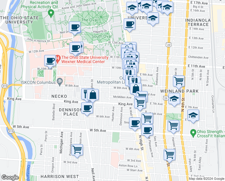 map of restaurants, bars, coffee shops, grocery stores, and more near 1447 Hunter Avenue in Columbus