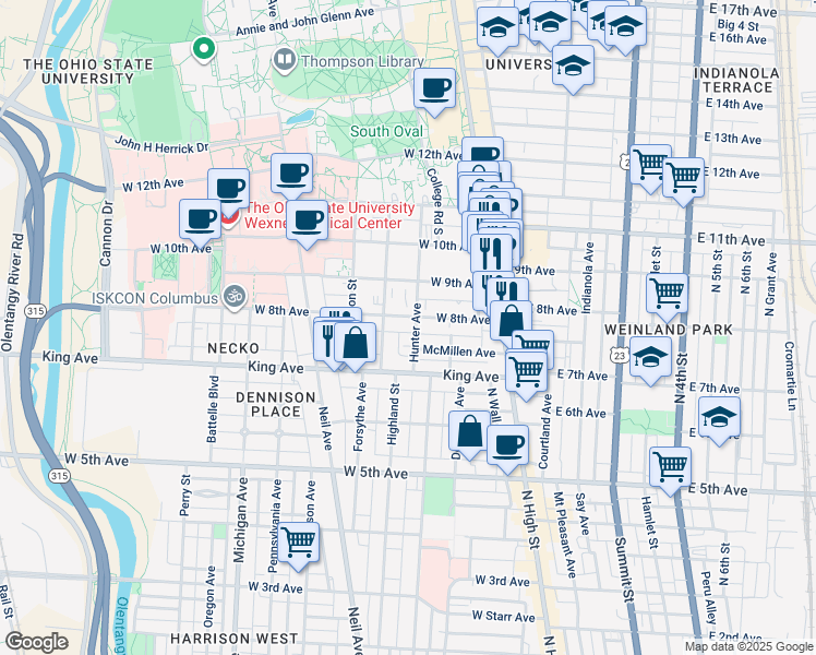 map of restaurants, bars, coffee shops, grocery stores, and more near 1447 Hunter Avenue in Columbus
