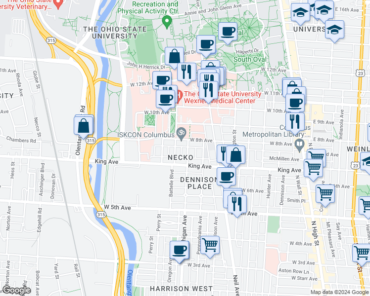 map of restaurants, bars, coffee shops, grocery stores, and more near 1484 Michigan Avenue in Columbus