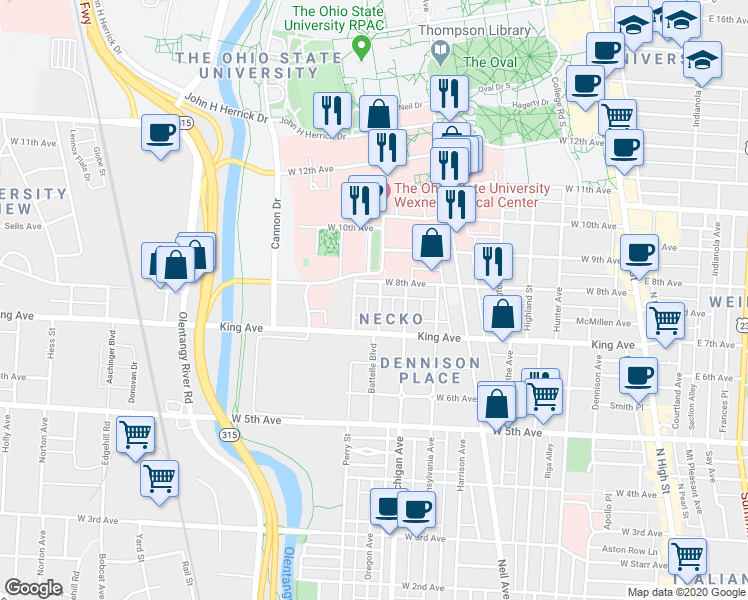 map of restaurants, bars, coffee shops, grocery stores, and more near 1498 Belmont Avenue in Columbus