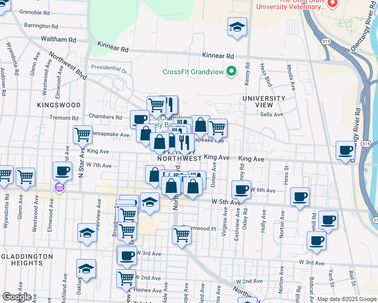 map of restaurants, bars, coffee shops, grocery stores, and more near 1250 King Avenue in Columbus