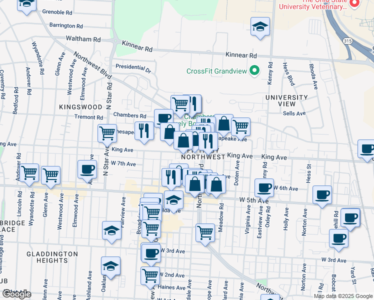 map of restaurants, bars, coffee shops, grocery stores, and more near 1300 King Avenue in Columbus