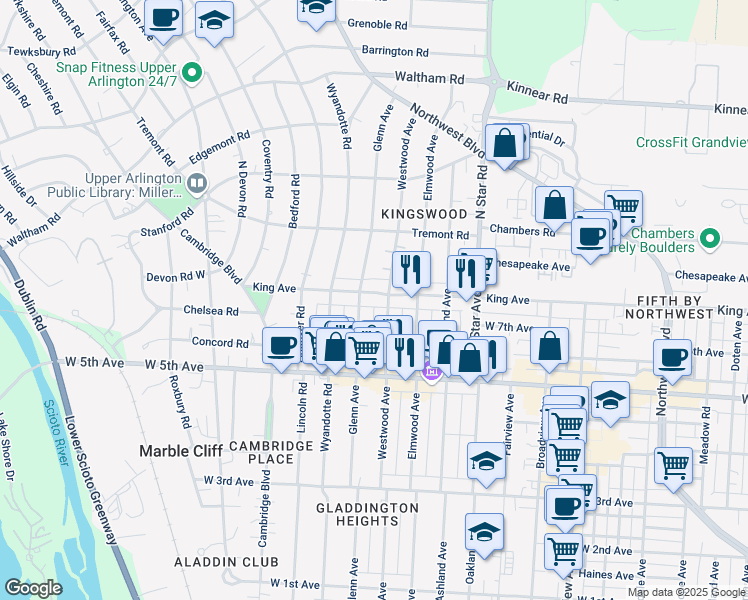 map of restaurants, bars, coffee shops, grocery stores, and more near 1696 Glenn Avenue in Columbus