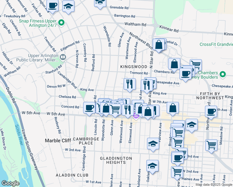 map of restaurants, bars, coffee shops, grocery stores, and more near 1696 Glenn Avenue in Columbus