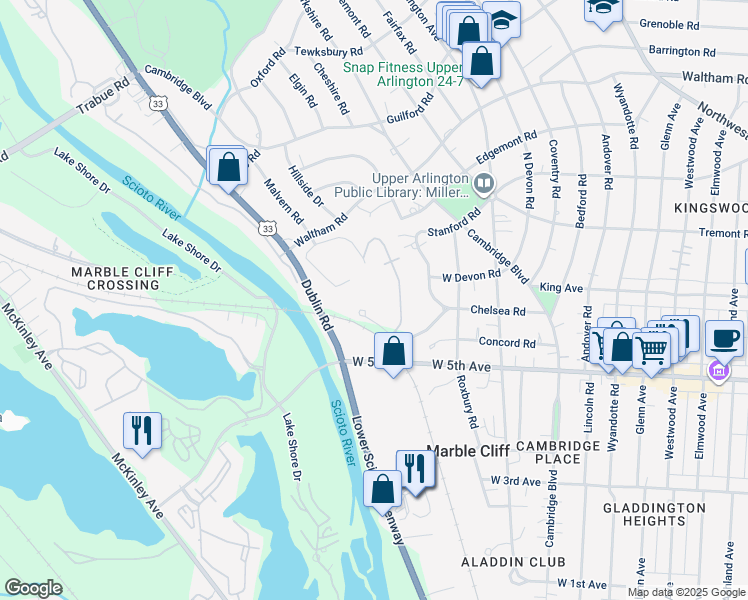 map of restaurants, bars, coffee shops, grocery stores, and more near in Upper Arlington