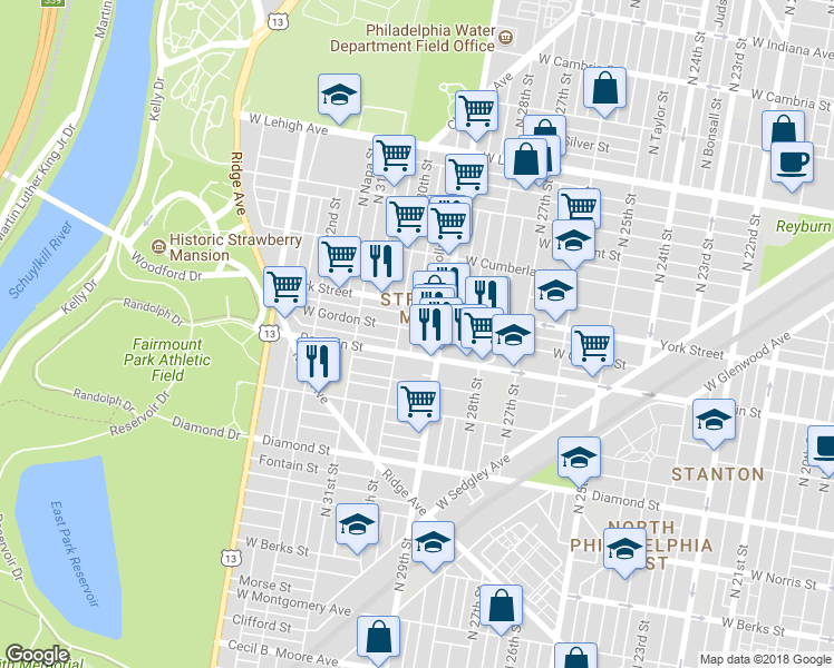 map of restaurants, bars, coffee shops, grocery stores, and more near 2924 West Gordon Street in Philadelphia