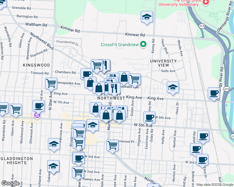 map of restaurants, bars, coffee shops, grocery stores, and more near 1250 King Avenue in Columbus