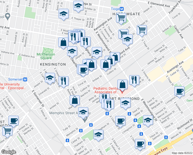 map of restaurants, bars, coffee shops, grocery stores, and more near 3150 Amber Street in Philadelphia