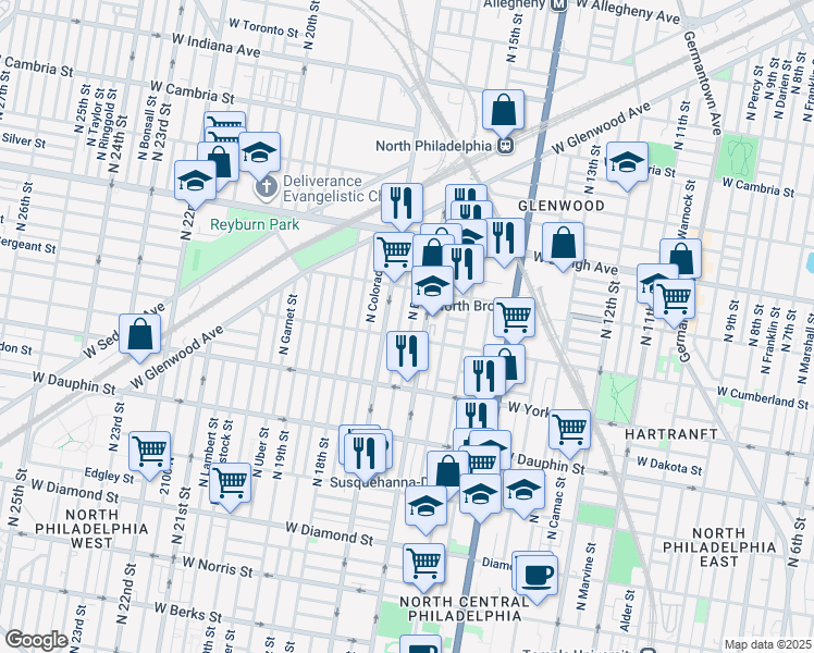 map of restaurants, bars, coffee shops, grocery stores, and more near 2512 North Bancroft Street in Philadelphia