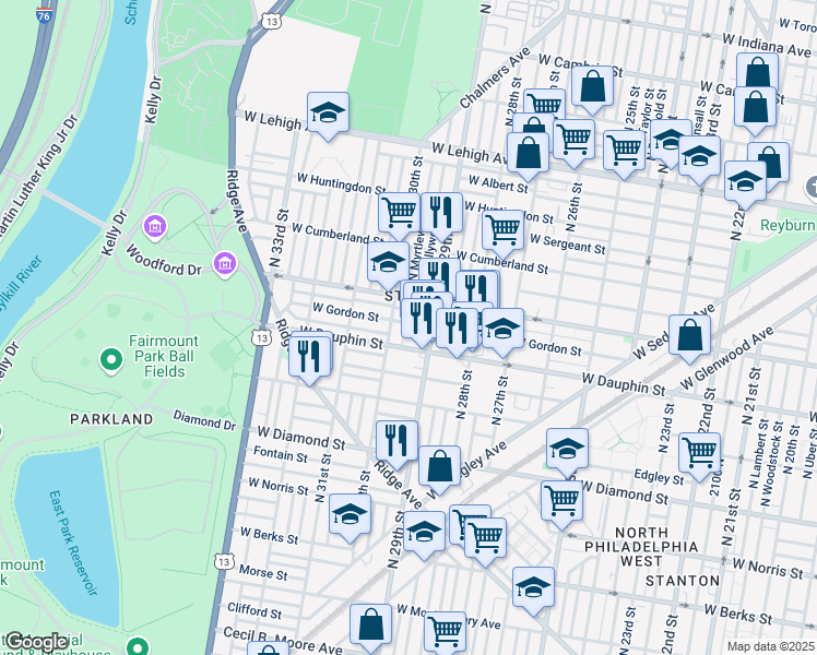 map of restaurants, bars, coffee shops, grocery stores, and more near 2924 West Gordon Street in Philadelphia