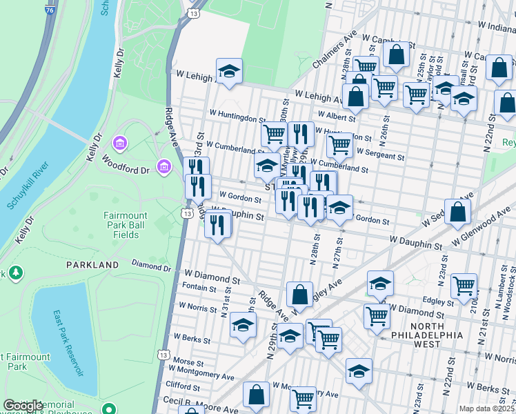 map of restaurants, bars, coffee shops, grocery stores, and more near 3011 West Dakota Street in Philadelphia