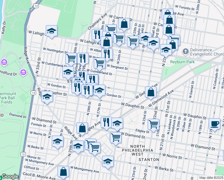 map of restaurants, bars, coffee shops, grocery stores, and more near 2342 North 26th Street in Philadelphia
