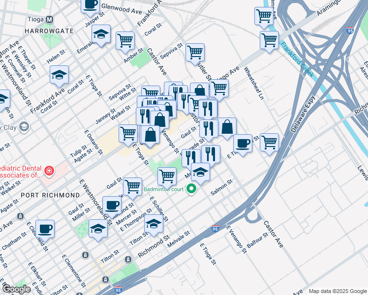 map of restaurants, bars, coffee shops, grocery stores, and more near 3621 Miller Street in Philadelphia