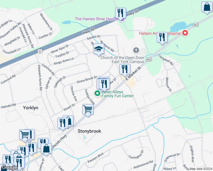map of restaurants, bars, coffee shops, grocery stores, and more near 3926 Eastgate Drive in York