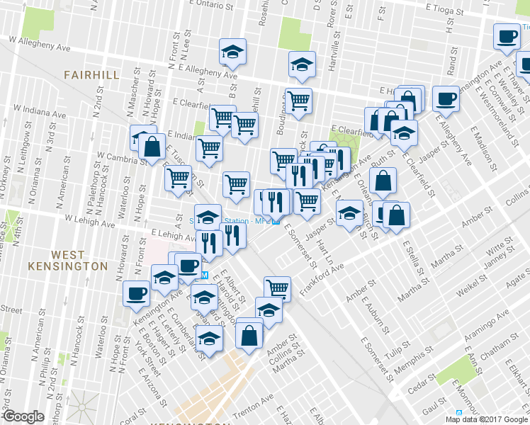 map of restaurants, bars, coffee shops, grocery stores, and more near 429 East Somerset Street in Philadelphia