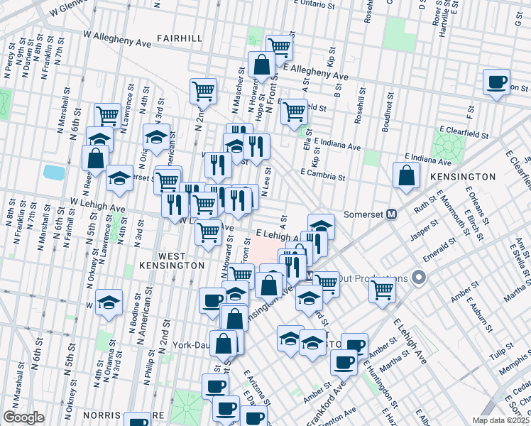 map of restaurants, bars, coffee shops, grocery stores, and more near 14 East Silver Street in Philadelphia