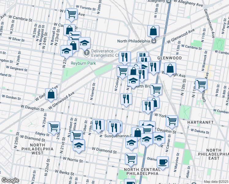 map of restaurants, bars, coffee shops, grocery stores, and more near 2502 North Colorado Street in Philadelphia