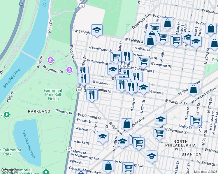 map of restaurants, bars, coffee shops, grocery stores, and more near 3011 West Dakota Street in Philadelphia