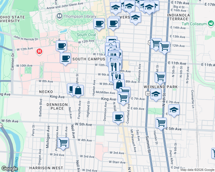map of restaurants, bars, coffee shops, grocery stores, and more near 43 West 8th Avenue in Columbus