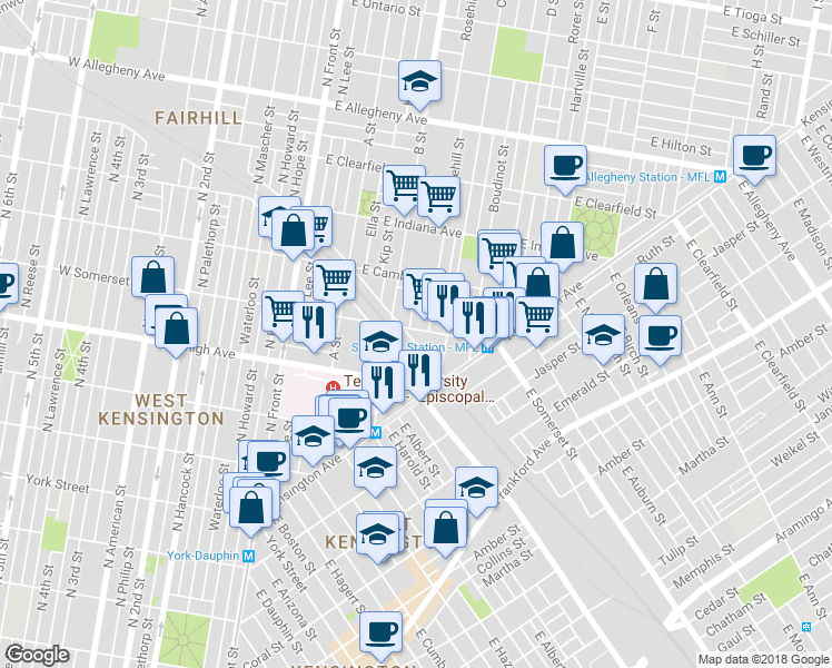 map of restaurants, bars, coffee shops, grocery stores, and more near 314 East Somerset Street in Philadelphia