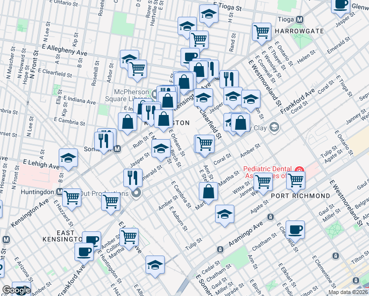 map of restaurants, bars, coffee shops, grocery stores, and more near 1920 East Orleans Street in Philadelphia