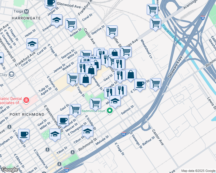 map of restaurants, bars, coffee shops, grocery stores, and more near 3634 Belgrade Street in Philadelphia