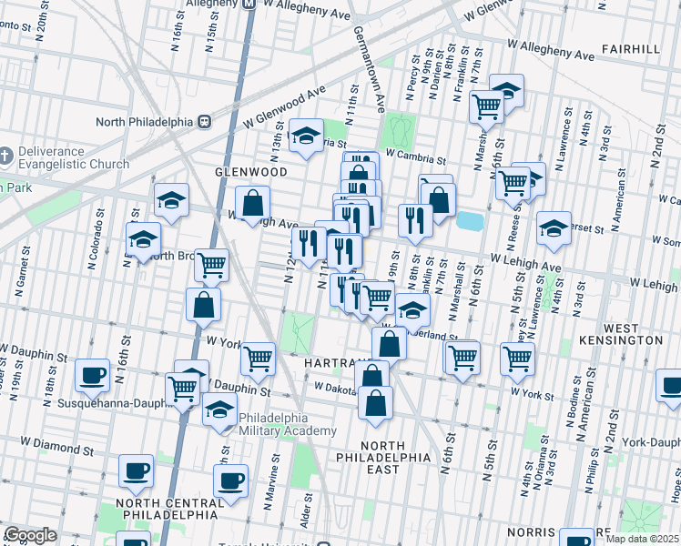 map of restaurants, bars, coffee shops, grocery stores, and more near in Philadelphia