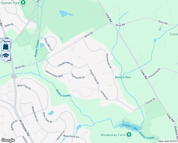 map of restaurants, bars, coffee shops, grocery stores, and more near 713 Peach Tree Drive in West Chester