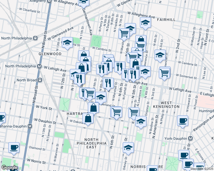 map of restaurants, bars, coffee shops, grocery stores, and more near 2619 North 7th Street in Philadelphia
