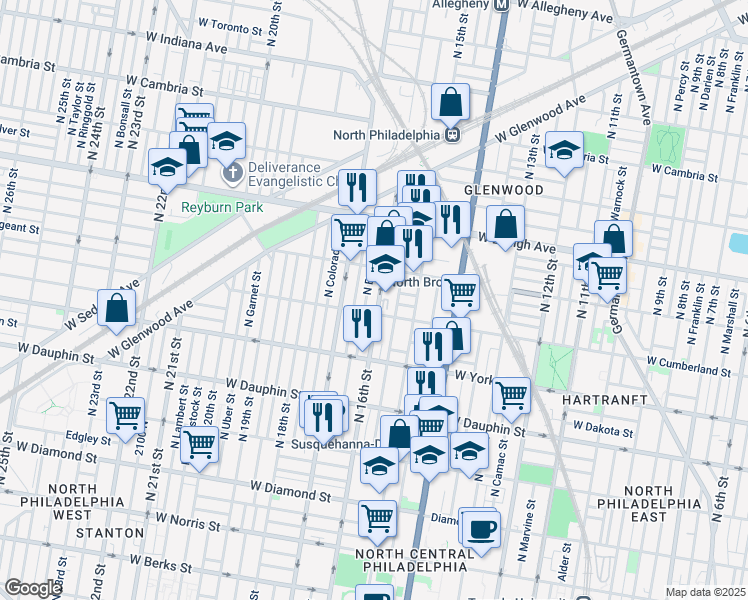 map of restaurants, bars, coffee shops, grocery stores, and more near 2516 North 16th Street in Philadelphia
