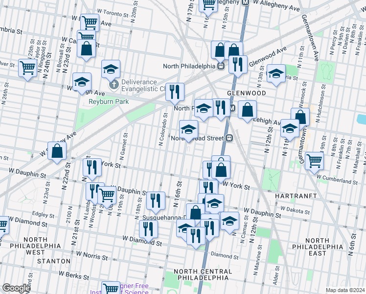 map of restaurants, bars, coffee shops, grocery stores, and more near 2516 North 16th Street in Philadelphia