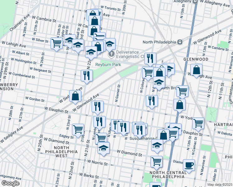 map of restaurants, bars, coffee shops, grocery stores, and more near 2458 North Garnet Street in Philadelphia