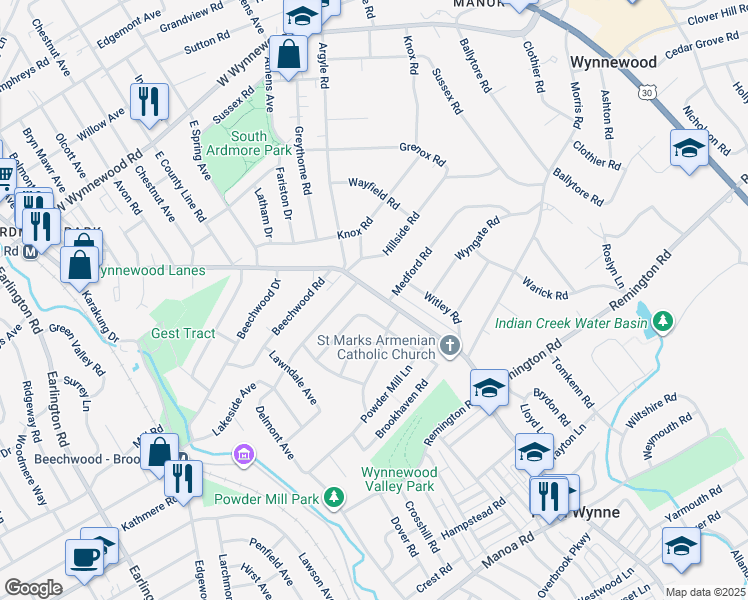 map of restaurants, bars, coffee shops, grocery stores, and more near 506 Haverford Road in Wynnewood