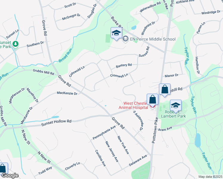 map of restaurants, bars, coffee shops, grocery stores, and more near 1101 Cotswold Lane in West Chester