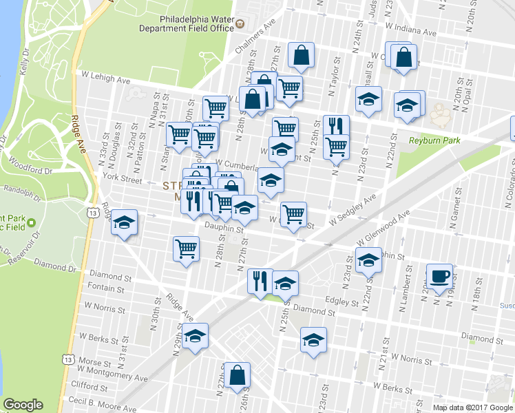 map of restaurants, bars, coffee shops, grocery stores, and more near 2643 West Arizona Street in Philadelphia