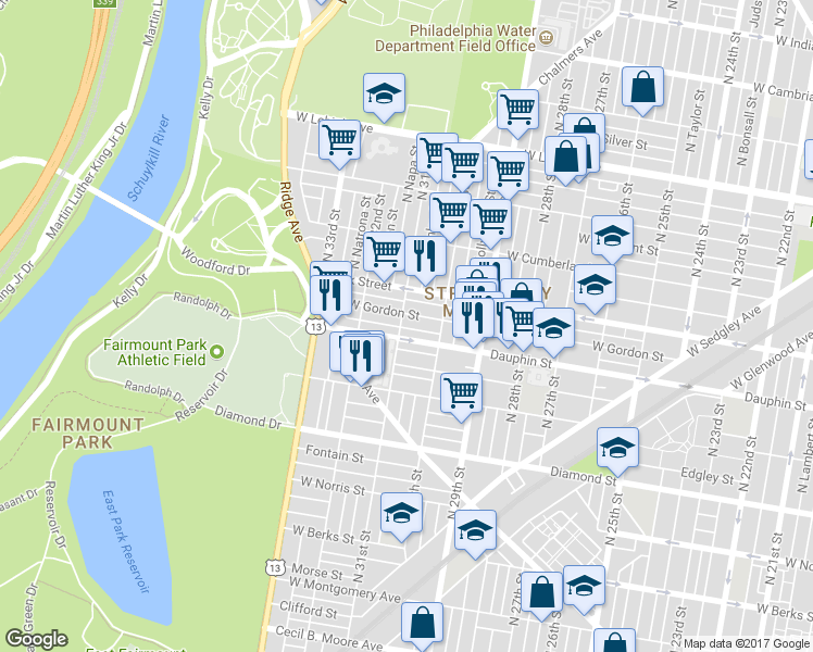 map of restaurants, bars, coffee shops, grocery stores, and more near 2311 North 31st Street in Philadelphia