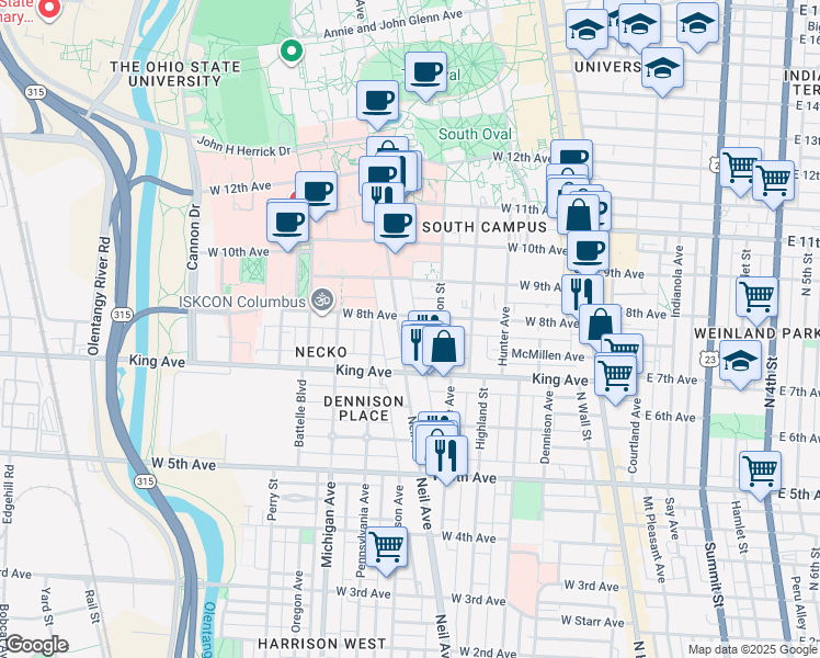 map of restaurants, bars, coffee shops, grocery stores, and more near 1474 Neil Avenue in Columbus