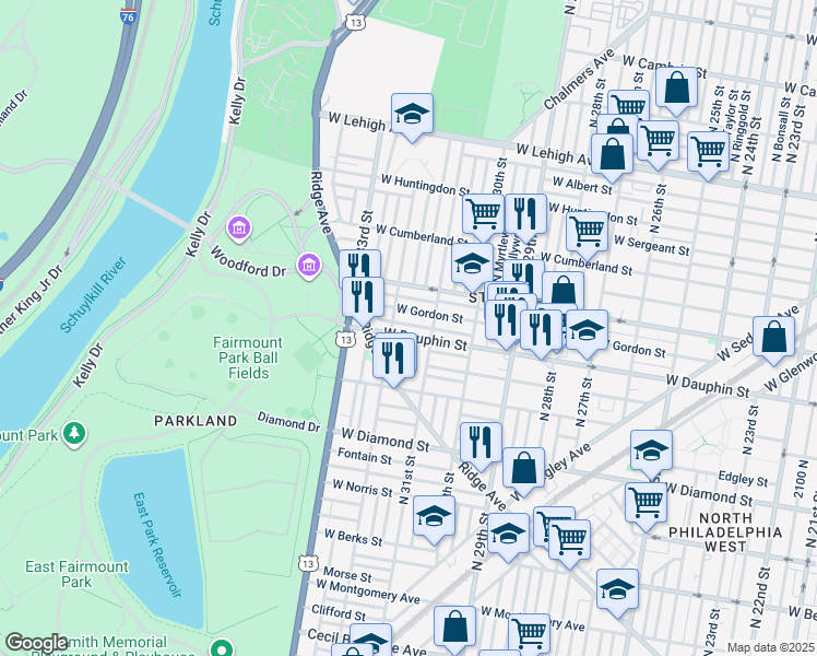 map of restaurants, bars, coffee shops, grocery stores, and more near 3122 West Dakota Street in Philadelphia