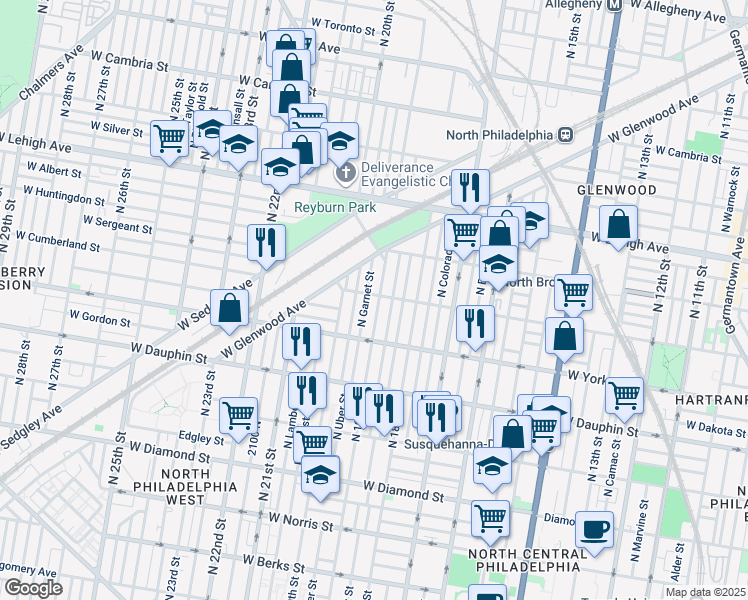 map of restaurants, bars, coffee shops, grocery stores, and more near 2458 North 19th Street in Philadelphia