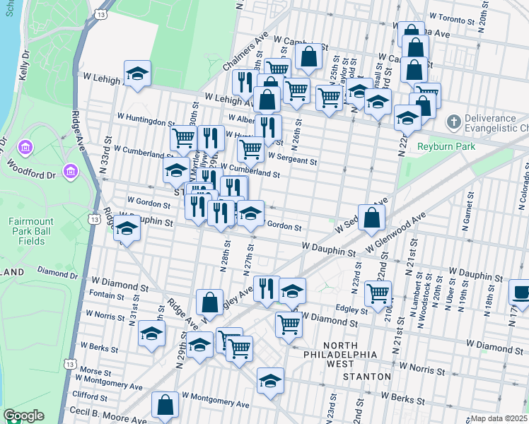 map of restaurants, bars, coffee shops, grocery stores, and more near 2643 West Arizona Street in Philadelphia