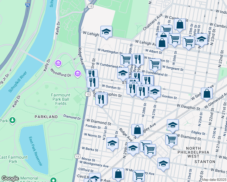 map of restaurants, bars, coffee shops, grocery stores, and more near 2311 North 31st Street in Philadelphia