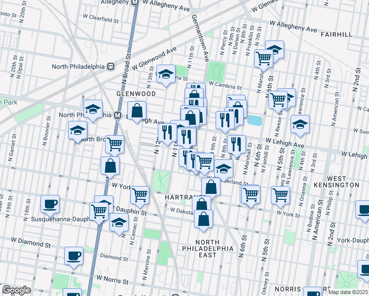 map of restaurants, bars, coffee shops, grocery stores, and more near in Philadelphia