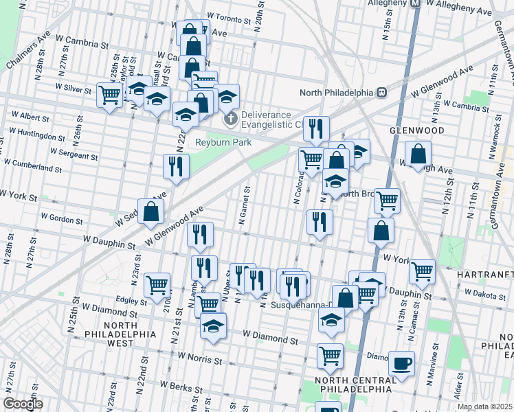 map of restaurants, bars, coffee shops, grocery stores, and more near 2463 North 19th Street in Philadelphia
