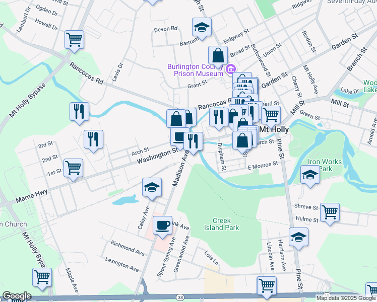 map of restaurants, bars, coffee shops, grocery stores, and more near 19 Madison Avenue in Mount Holly