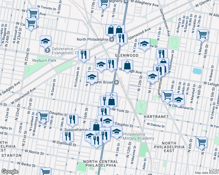 map of restaurants, bars, coffee shops, grocery stores, and more near 2500 North Carlisle Street in Philadelphia