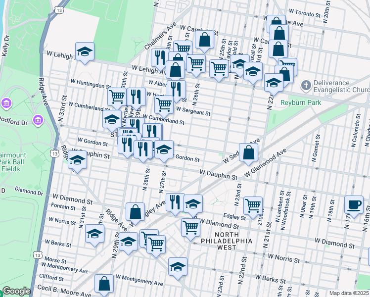 map of restaurants, bars, coffee shops, grocery stores, and more near 2348 North 26th Street in Philadelphia
