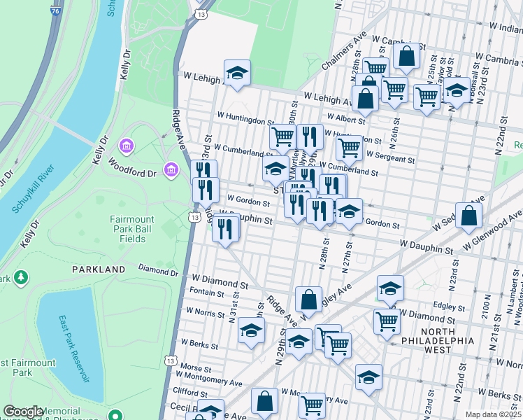 map of restaurants, bars, coffee shops, grocery stores, and more near 3021 West Dakota Street in Philadelphia