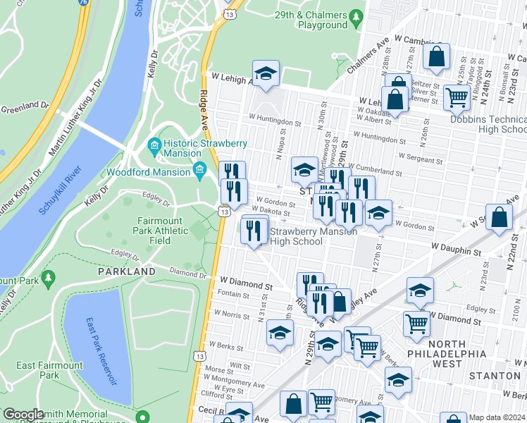 map of restaurants, bars, coffee shops, grocery stores, and more near 3122 West Dakota Street in Philadelphia