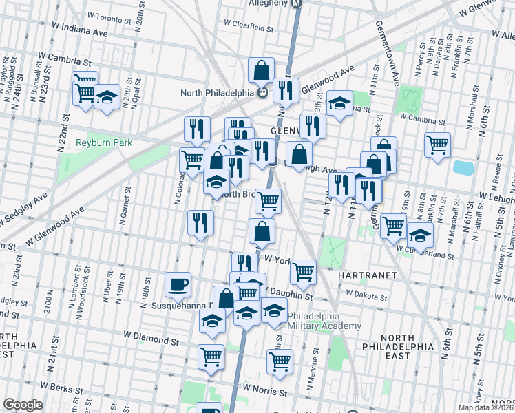 map of restaurants, bars, coffee shops, grocery stores, and more near 2500 North Carlisle Street in Philadelphia