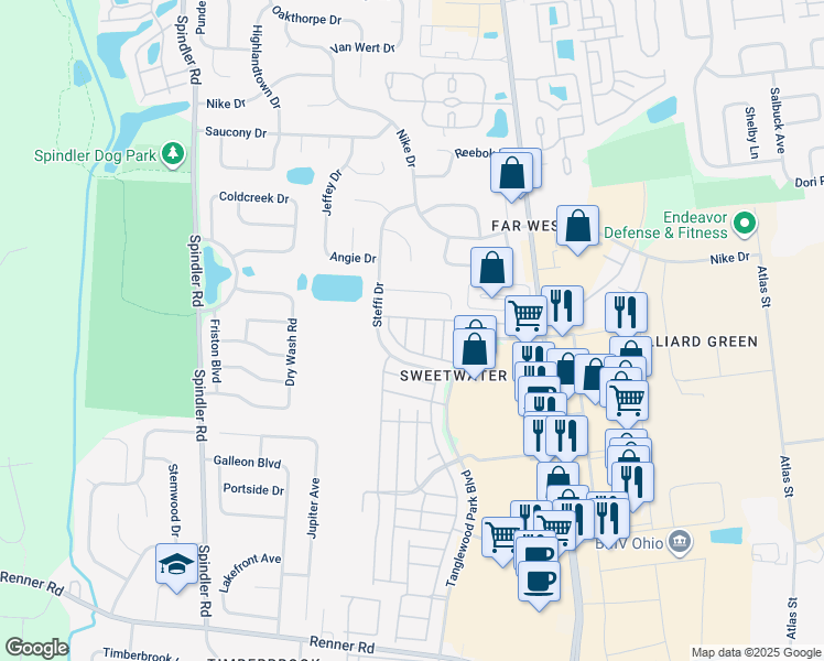 map of restaurants, bars, coffee shops, grocery stores, and more near 2032 Burbridge Lane in Hilliard